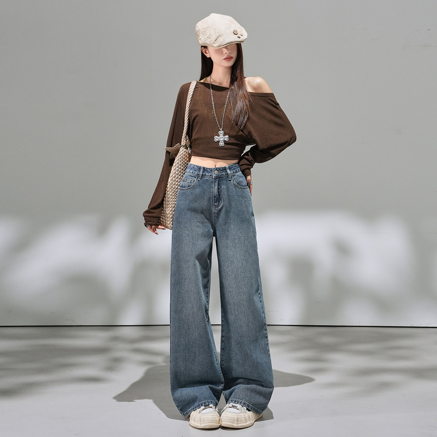 小个子高腰显高复古蓝牛仔直筒裤设计感150CM显瘦破洞阔腿裤长裤