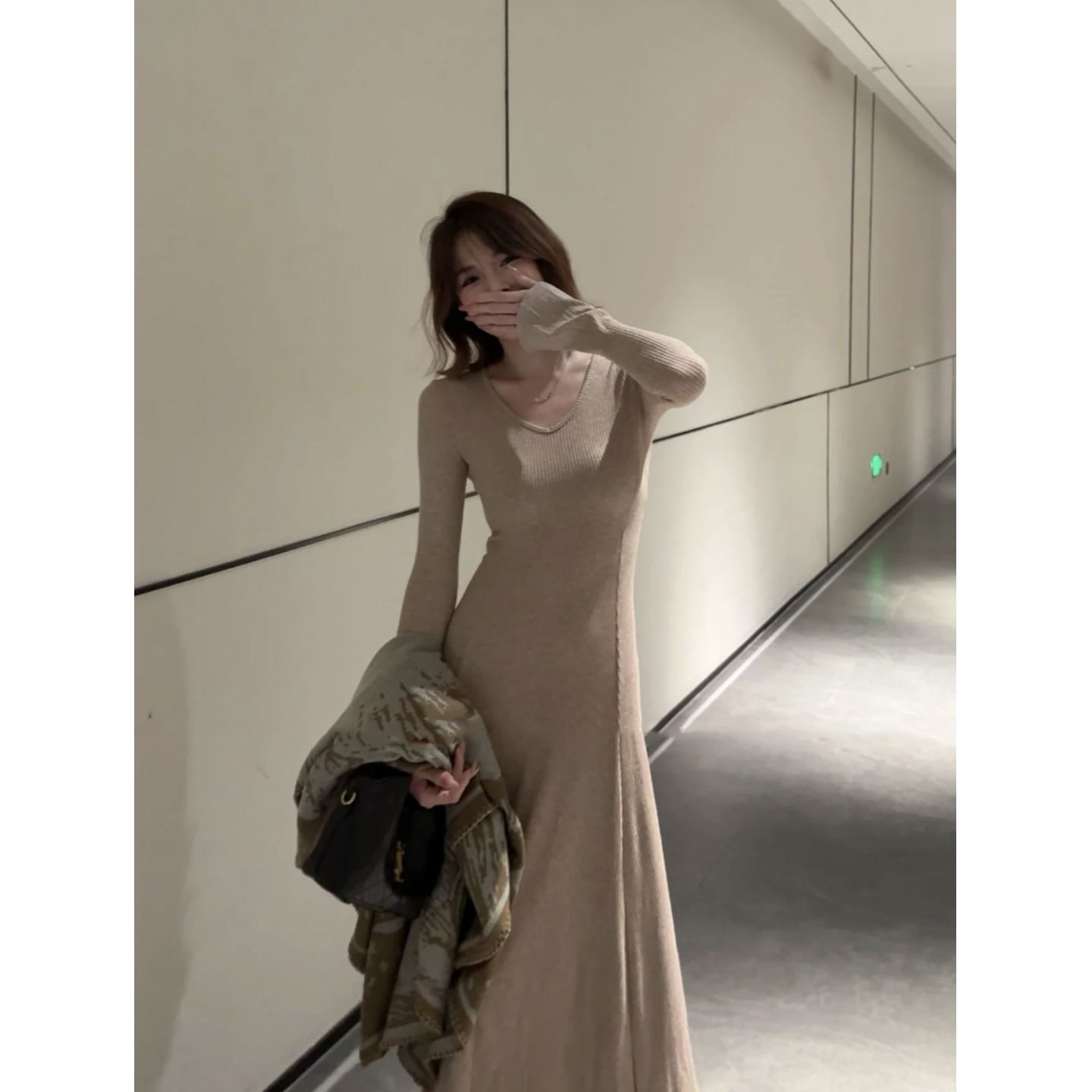 145小个子配大衣内搭长袖针织连衣裙长裙150法式高级感修身收腰裙