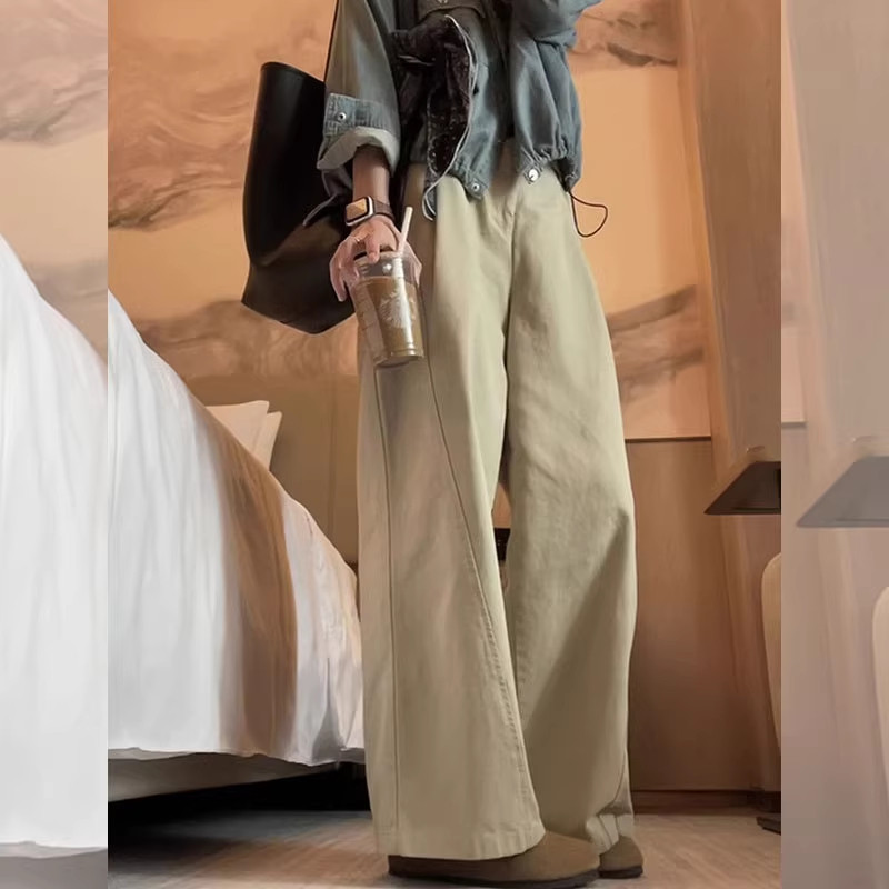 减龄穿搭小个子休闲卡其色阔腿裤150CM显高高腰工装裤垂感弯刀裤