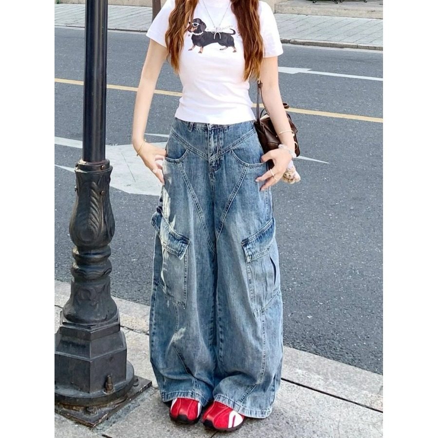 150cm矮小个子高腰阔腿牛仔长裤145复古水洗重工宽松工装拖地裤女