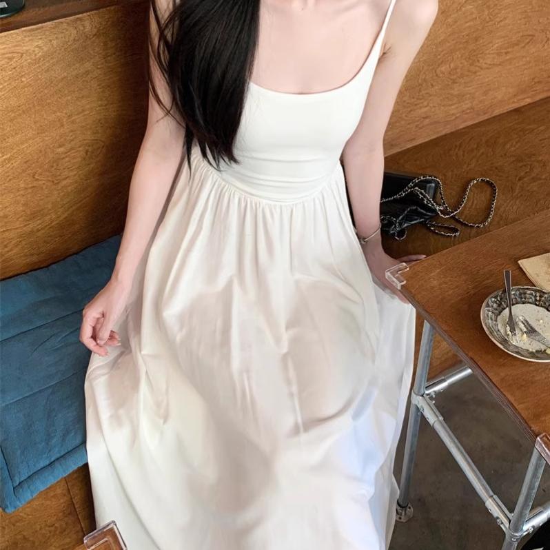 2025新款初恋小白裙a字长裙150小个子度假温柔风u领吊带连衣裙xs