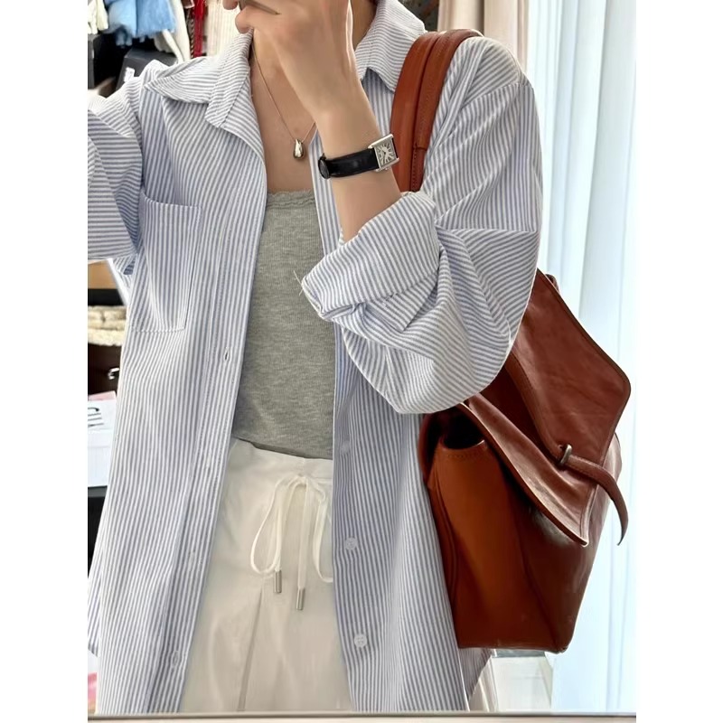 小矮个子145日系蓝白条纹衬衫150内搭外穿防晒衬衣宽松开衫外套xs