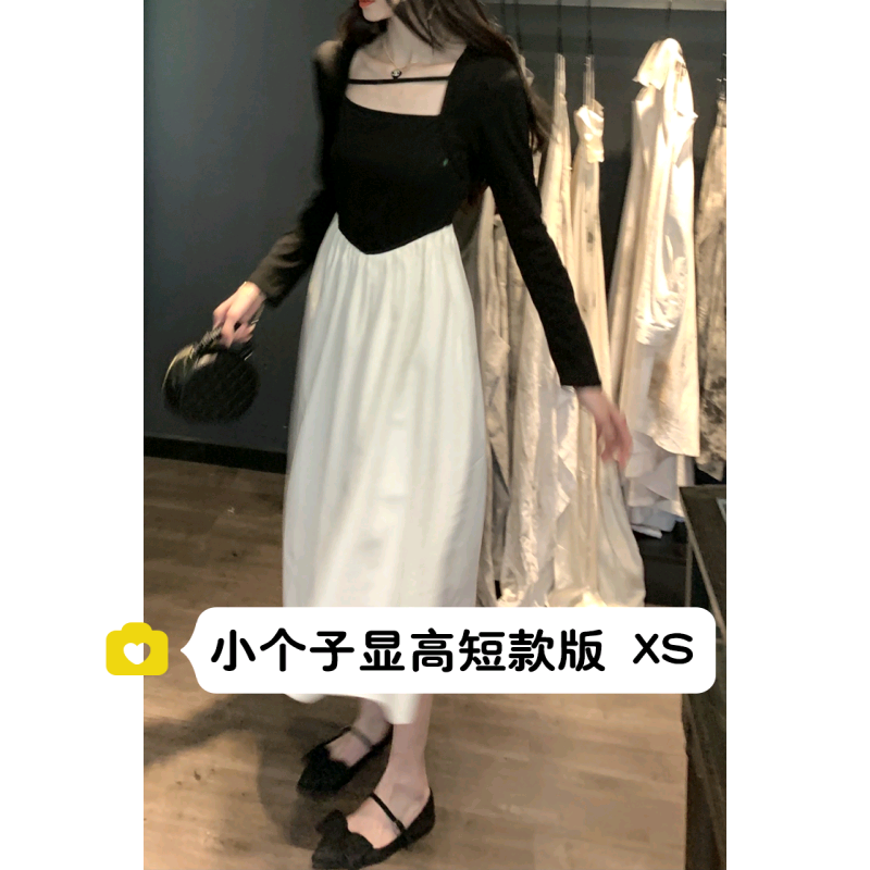小矮个子复古拼接连衣裙中长裙xs