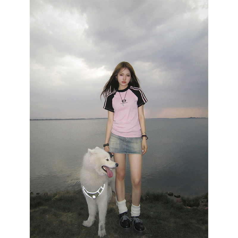 小个子150纯棉美式辣妹撞色正肩短袖t恤设计感小众短款修身上衣xs