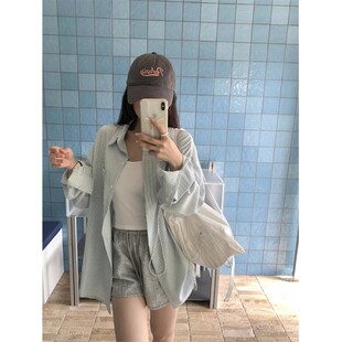 慵懒风Polo领外套宽松上衣 女150春季 矮小个子145休闲条纹长袖 衬衫