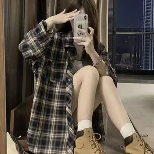 145cm小矮个子港风复古格子衬衫上衣韩版polo领开衫外套xs码小码