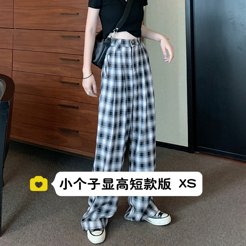145小个子显高150cm韩版高腰直筒黑白格子休闲阔腿长裤西裤xs码秋