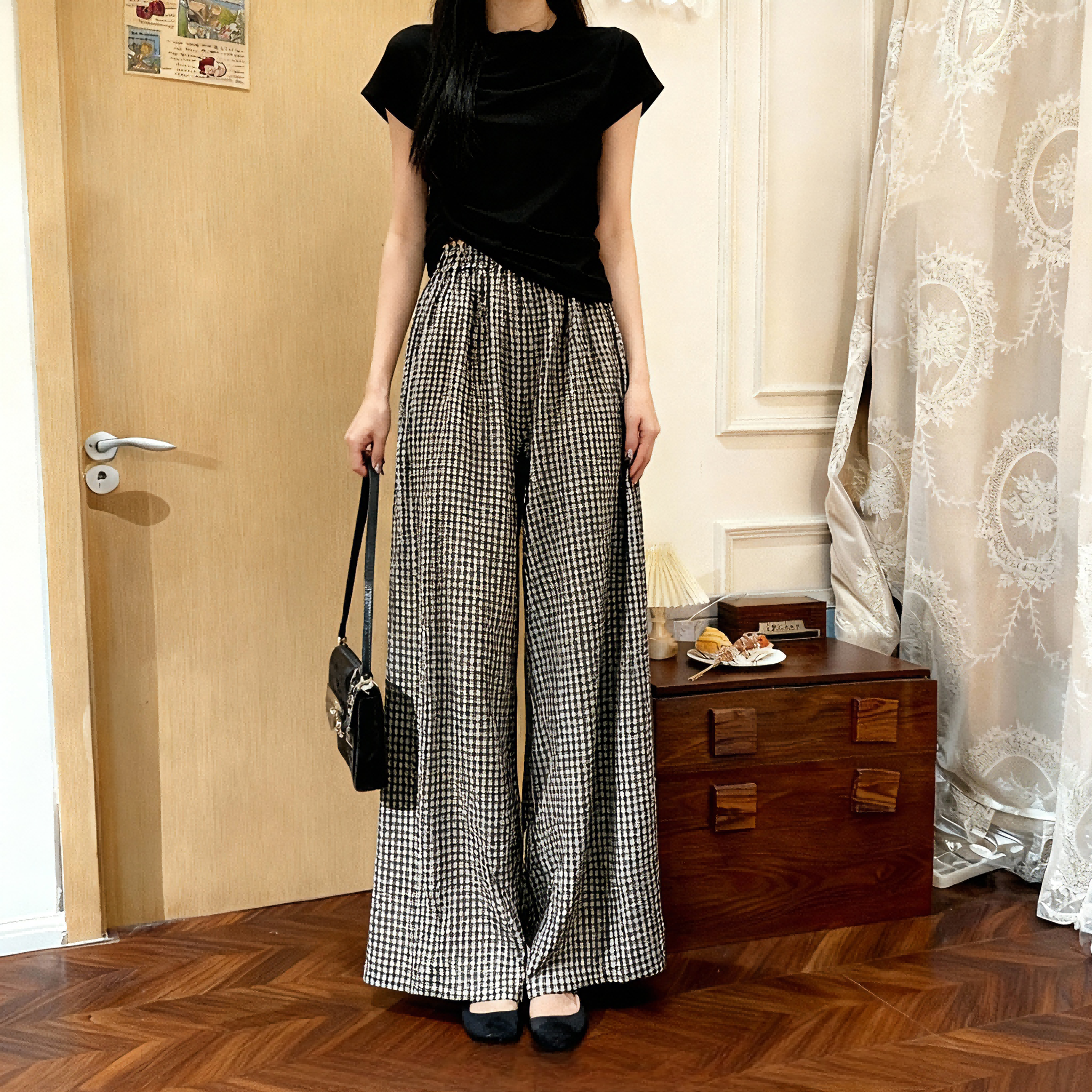 小个子格子阔腿休闲裙裤百搭慵懒风145CM高腰宽松直筒裤拖地长裤