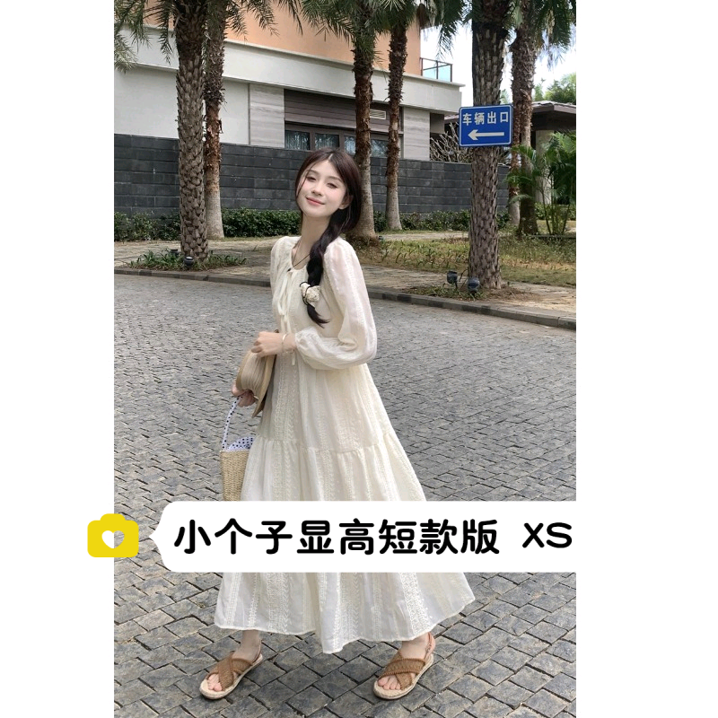 145小矮个子150杏色蕾丝重工刺绣长袖收腰连衣裙宽松温柔长裙xs春