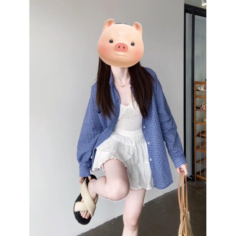 矮小个子蓝色格子polo领长袖防晒衬衫薄外搭衬衣外套早春休闲上衣