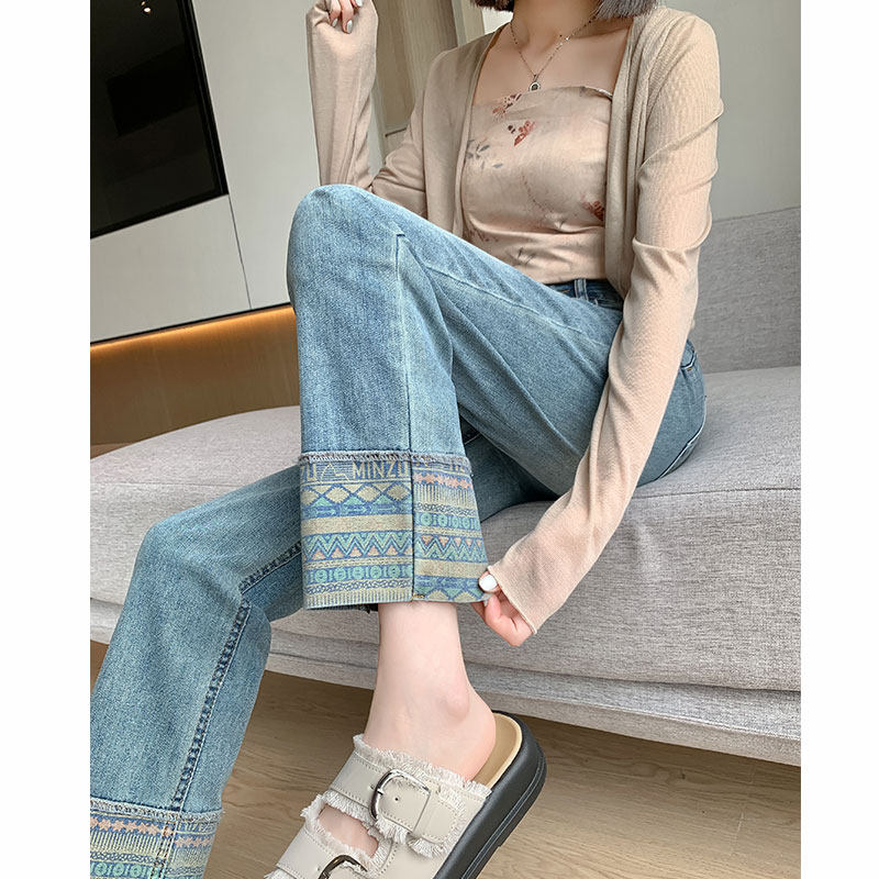 150小个子民族风窄版牛仔直筒裤显高百搭高腰烟管裤八分九分裤xxs