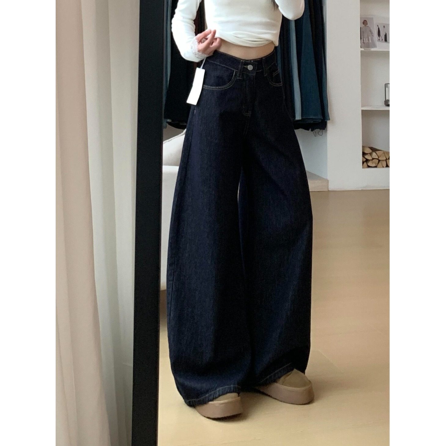 小个子深蓝色美式宽松阔腿牛仔裤150CM高腰显瘦休闲直筒拖地长裤