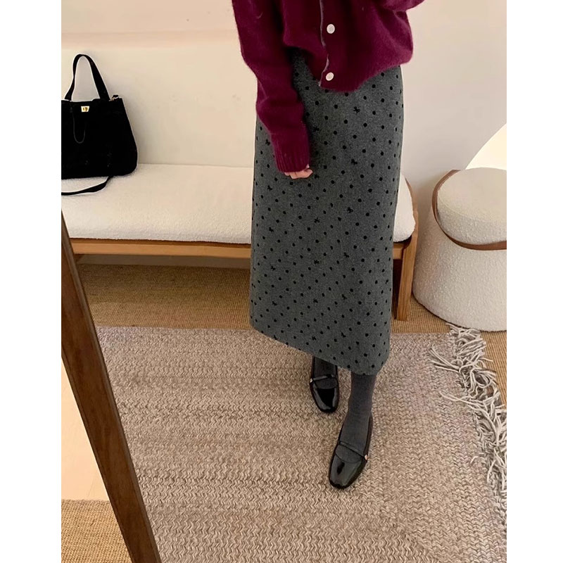 小个子145cm高腰灰色波点毛呢半身裙女显瘦直筒裙中长款a字裙xxs