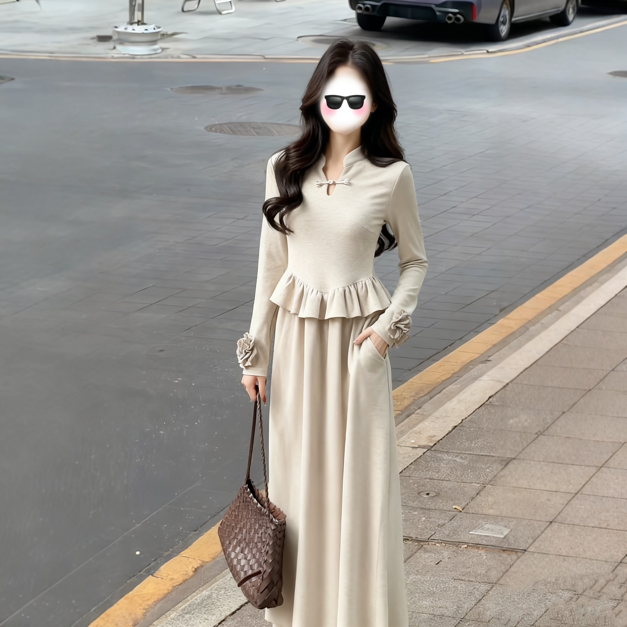 矮小个子145新中式立领盘扣长袖连衣裙150设计感收腰显瘦气质长裙