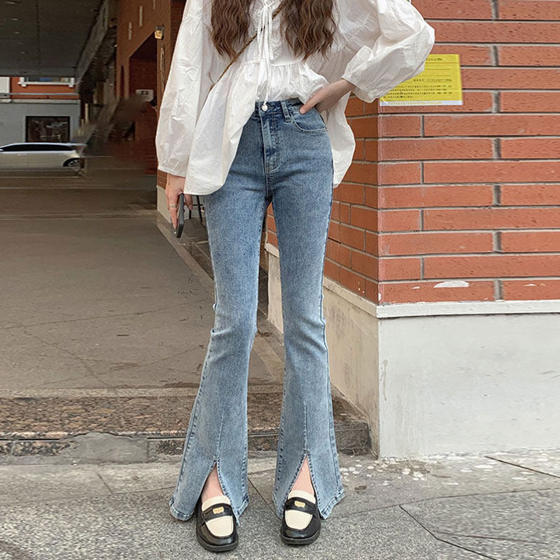 夏季新款矮小个子高腰开叉微喇牛仔裤显高百搭八分黑色九分长裤女