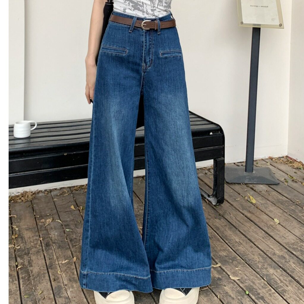 150小矮个子宽松阔腿牛仔长裤女高腰设计感大裤脚马蹄拖地裤子xs