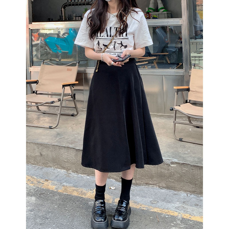 矮小个子黑色半身裙女夏季新款145cm显高高腰中长裙a字伞裙西装裙