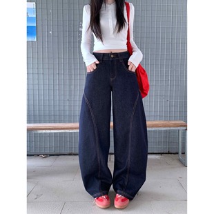 矮小个子美式复古阔腿弯刀牛仔裤百搭150CM显高低腰垂感拖地长裤