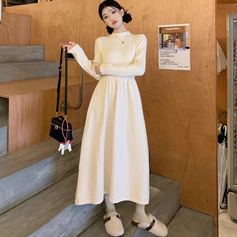 小个子显高150cm半高领针织连衣裙冬季高腰修身显瘦内搭毛衣裙xs