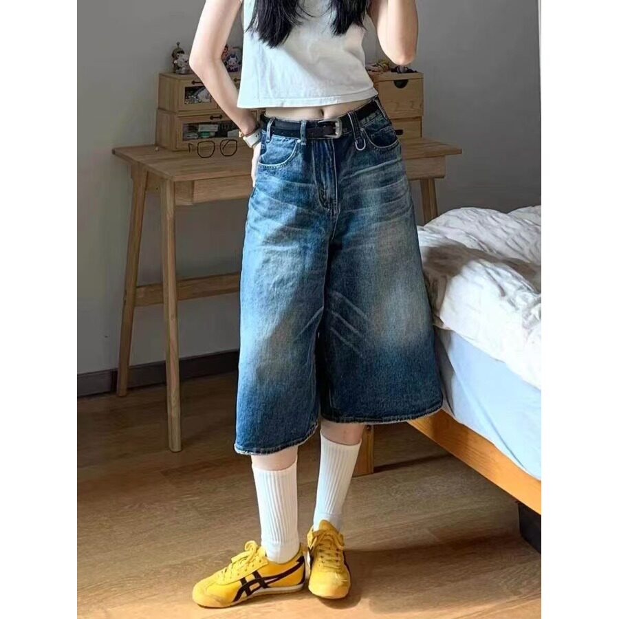 显瘦穿搭矮个子低腰宽松阔腿牛仔短裤美式150cm五分中裤七分裤XS