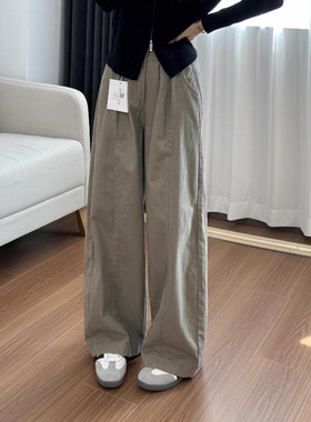 150cm美式卡其色休闲工装裤矮小个子高腰宽松显瘦阔腿弯刀裤xs秋