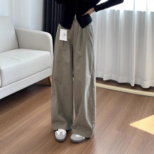 150cm美式卡其色休闲工装裤矮小个子高腰宽松显瘦阔腿弯刀裤xs秋