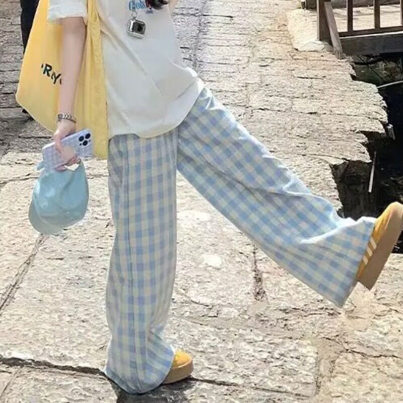夏季新款小个子高腰蓝色格子裤宽松慵懒风山本薄款阔腿遛弯休闲裤