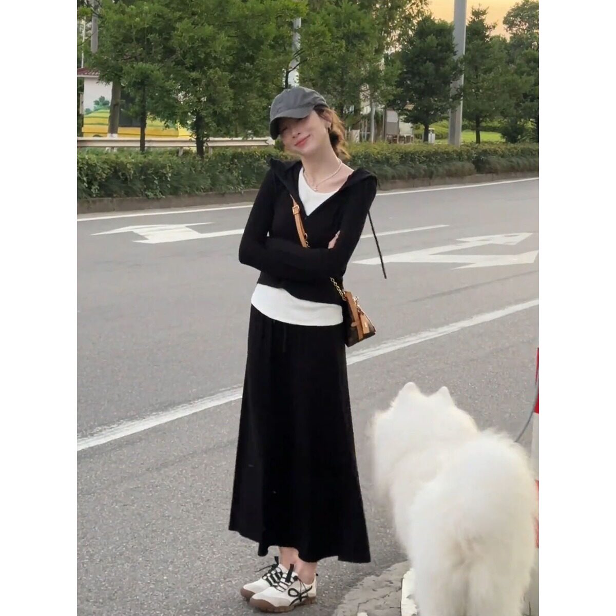 小个子撞色拼接假两件连帽卫衣150半身裙两件套韩系休闲运动套装