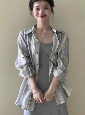 145小个子蓝色条纹长袖衬衫女150设计感宽松外搭衬衣空调衫上衣xs