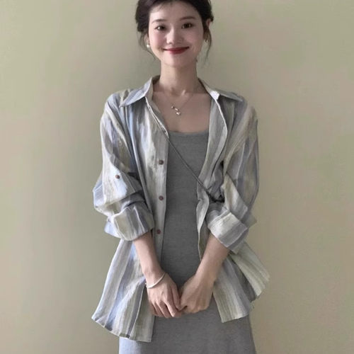 145小个子蓝色条纹长袖衬衫女150设计感宽松外搭衬衣空调衫上衣xs