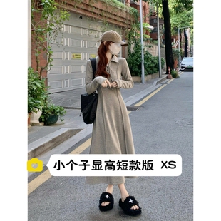 小个子早秋新款150cm韩版显瘦收腰气质修身长袖针织连衣裙长裙xs