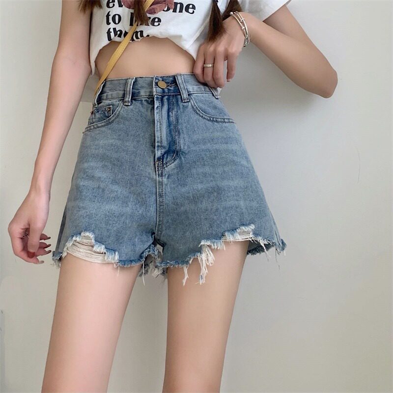 夏季新款小个子毛边牛仔短裤设计感150显高高腰宽松阔腿a字热裤XS