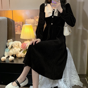 150小个子法式复古灯芯绒V领收腰长裙大摆连衣裙中长款女xs码秋冬