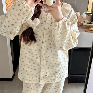 145小矮个子夹棉碎花圆领开衫睡衣女150简约韩版ins家居服套装xs