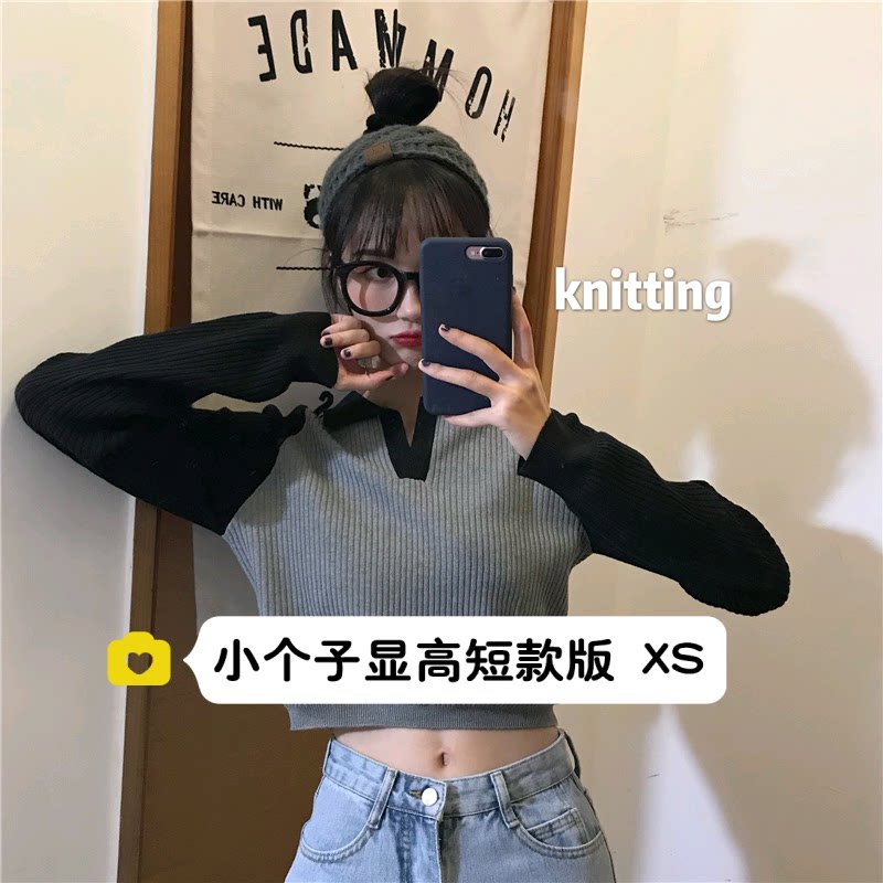 显高百搭V领长袖短款露脐针织衫