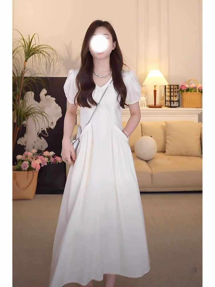 显高泡泡袖白色长裙V领xs简约