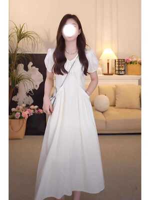 150小个子显高V领泡泡袖白色连衣裙女简约度假风短袖收腰长裙xs夏