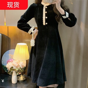 小个子法式赫本丝绒连衣裙女150秋冬高级感小香风收腰中长裙xs码
