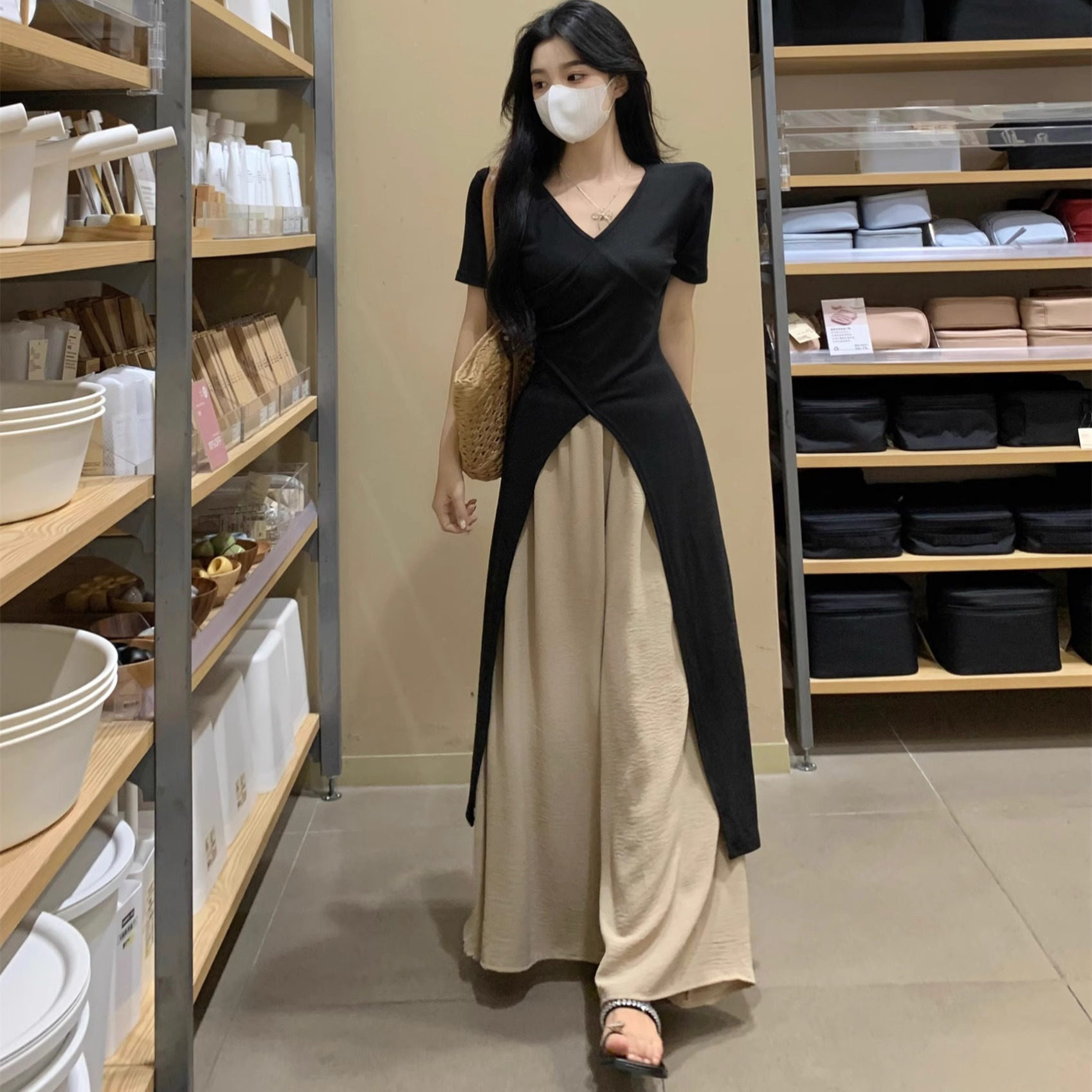 矮小个子145cm短袖设计感开叉上衣甜辣风显瘦阔腿裙裤两件套女夏