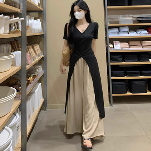 矮小个子145cm短袖设计感开叉上衣甜辣风显瘦阔腿裙裤两件套女夏
