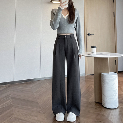 显高穿搭150cm小个子灰色加绒毛呢阔腿裤休闲高腰窄版直筒拖地裤