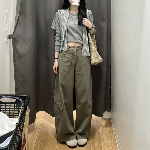秋季新款小个子美式复古工装牛仔裤145cm高腰宽松休闲阔腿长裤XS