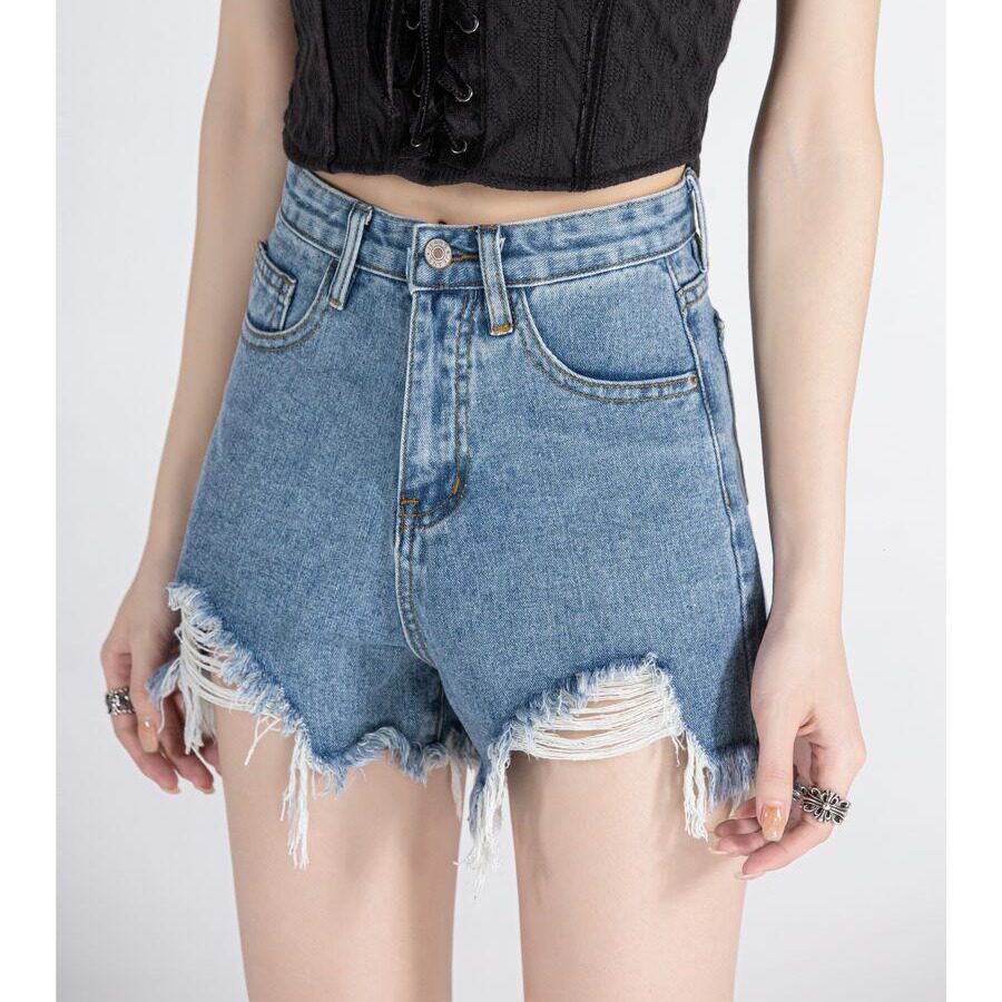 矮小个子高腰破洞牛仔短裤设计感百搭显瘦145CM宽松阔腿a字热裤XS