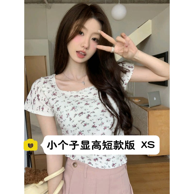 150小个子甜美碎花针织短袖T恤