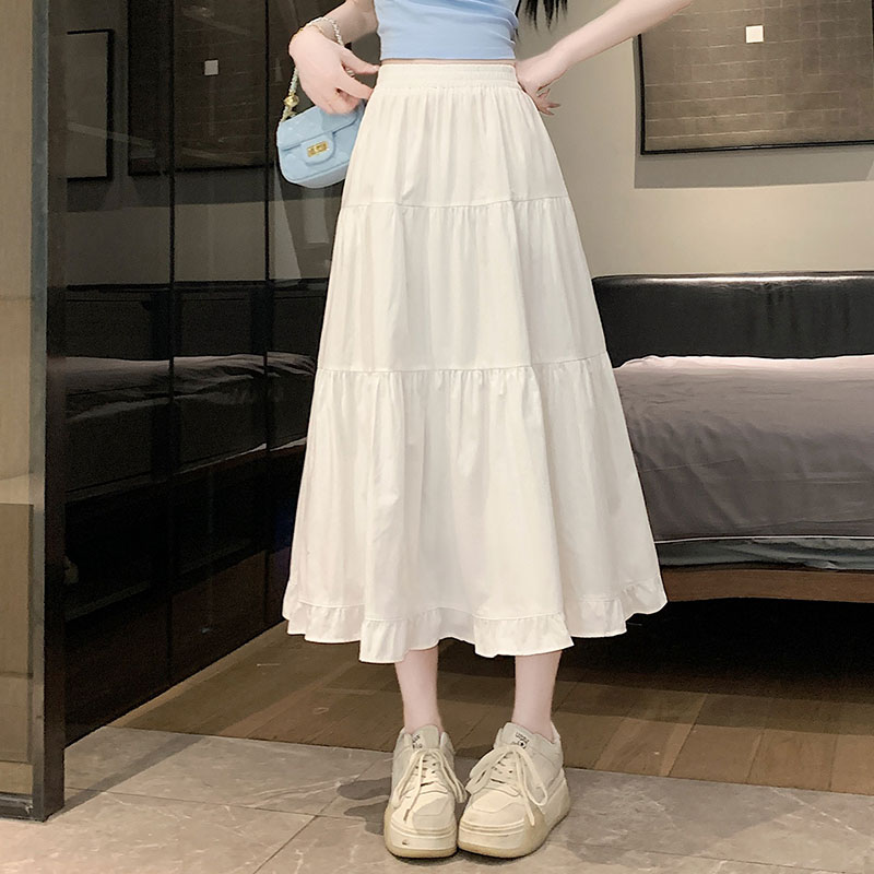 夏季新款145cm小个子高腰白色半身裙褶皱长裙a字伞裙仙女蛋糕裙女