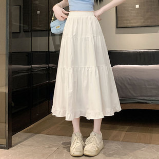 夏季新款145cm小个子高腰白色半身裙褶皱长裙a字伞裙仙女蛋糕裙女