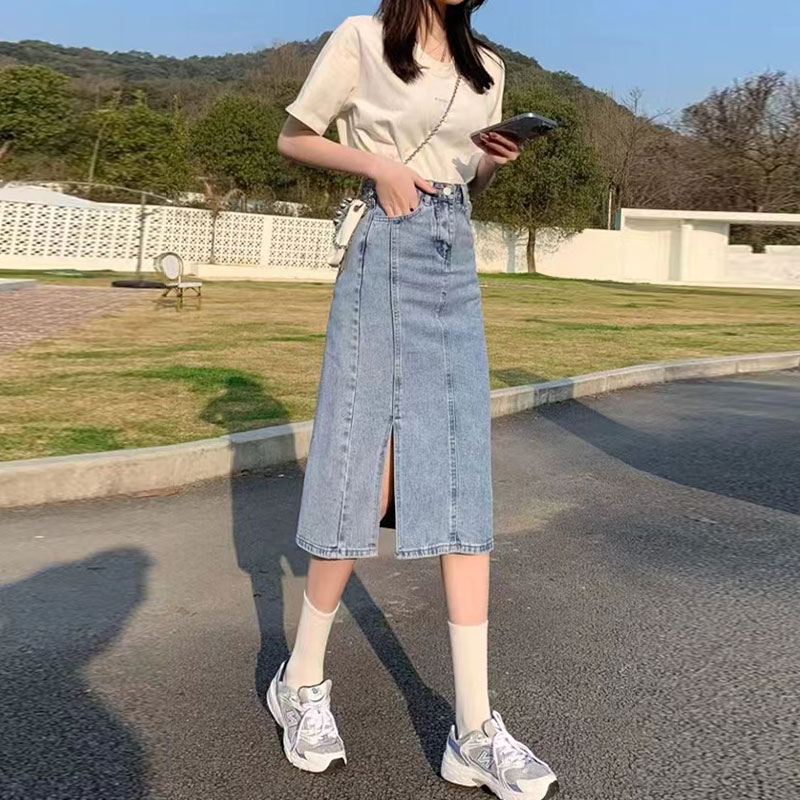 小个子浅蓝色开叉牛仔半身裙百搭150cm高腰显高a字牛仔半裙xxs女