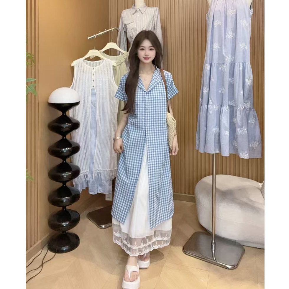 145矮小个子森系格纹长款设计感宽松度假风短袖衬衫连衣裙女xs夏
