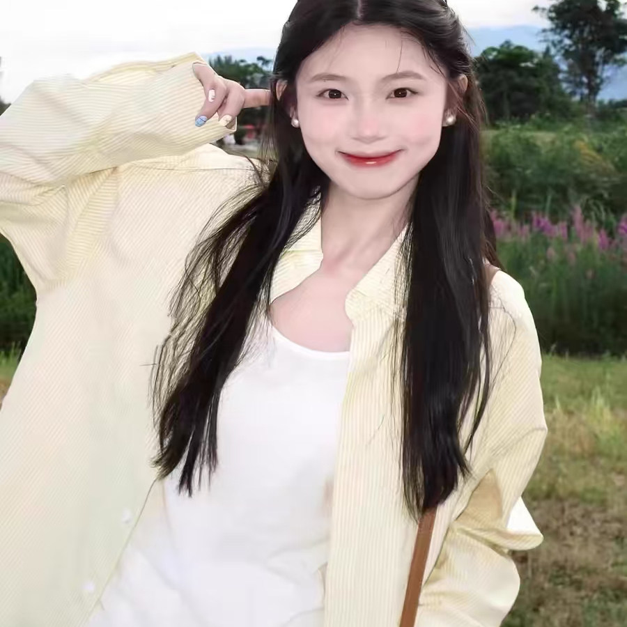 法式黄色条纹衬衫女开春穿搭长袖上衣设计感开衫宽松防晒衬衣外套