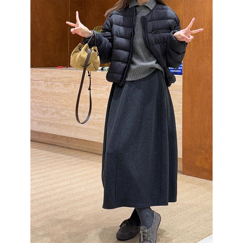 145CM黑色毛呢花苞半身裙百搭显瘦小个子高腰宽松中长款a字伞裙女